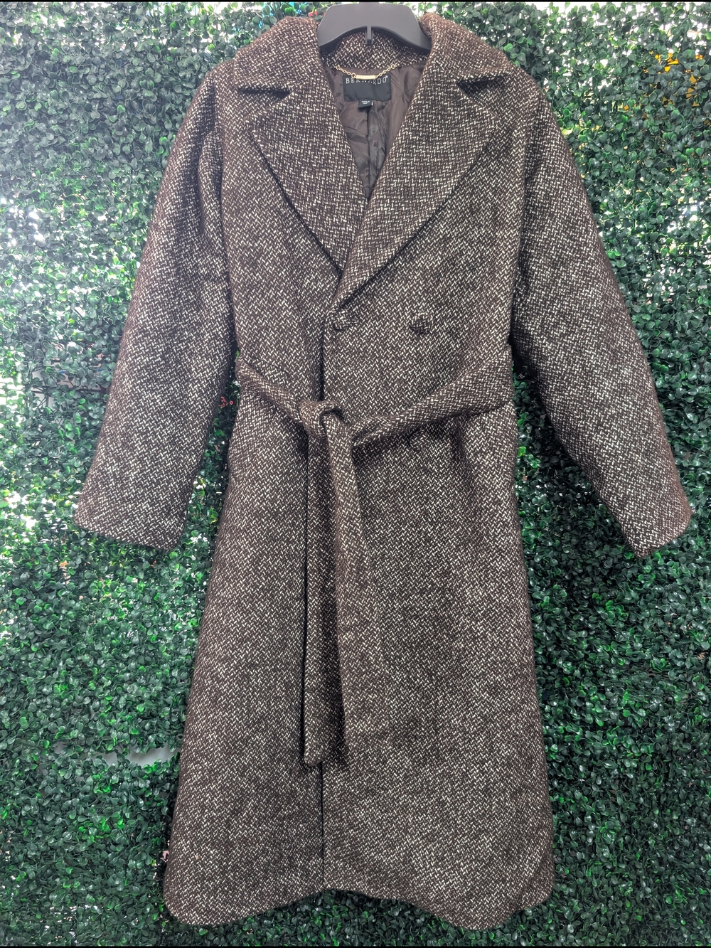 Bernardo Brown Tweed Belted Long Trench Coat